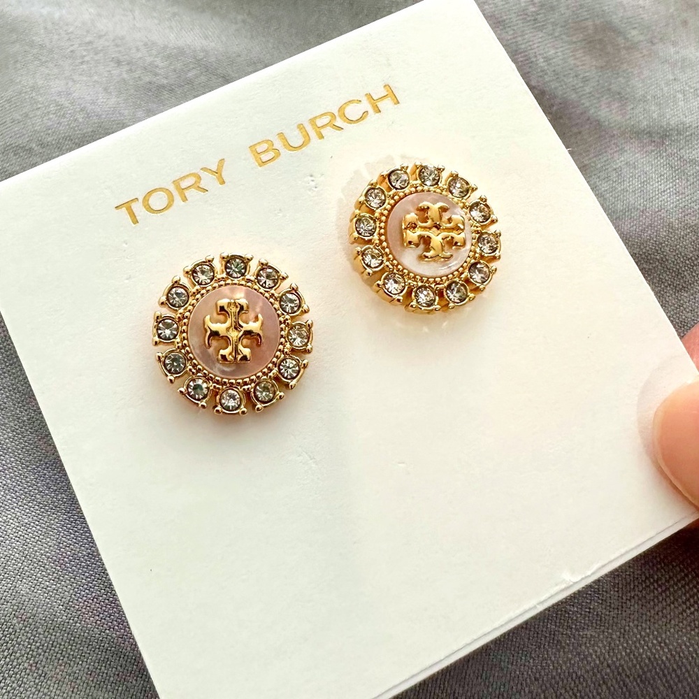 100% AUT❗️Dreamy ✨Designer Tory Burch Mother of Pearl KIRA CRYSTAL STUD EARRING